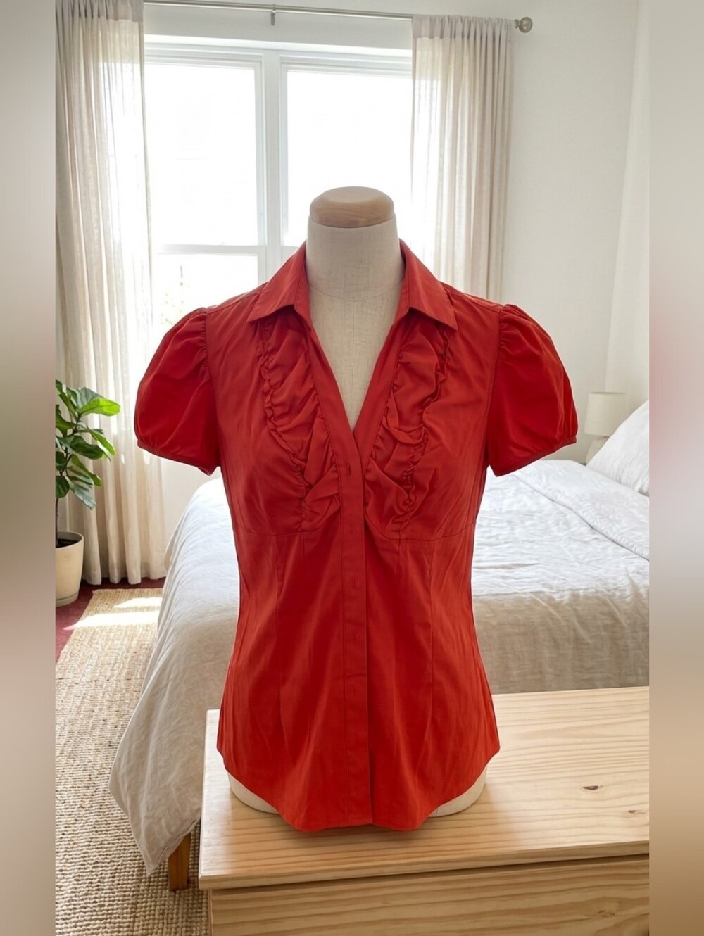 ​Antilla Femme Coral Red Ruffled Stretch Blouse - Size M